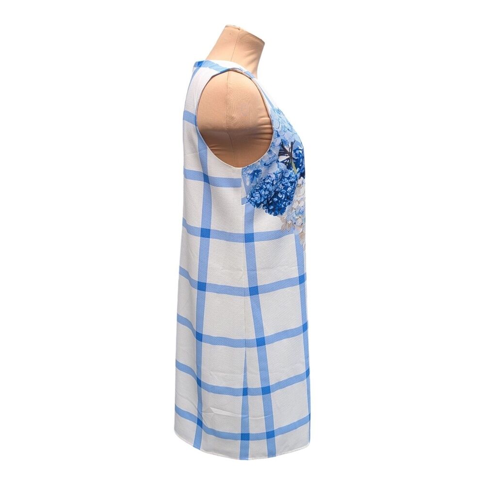 CeCe Hydrangea Windowpane Shift Dress Blue White Floral Sleeveless Lined Size 8 - Picture 3 of 7